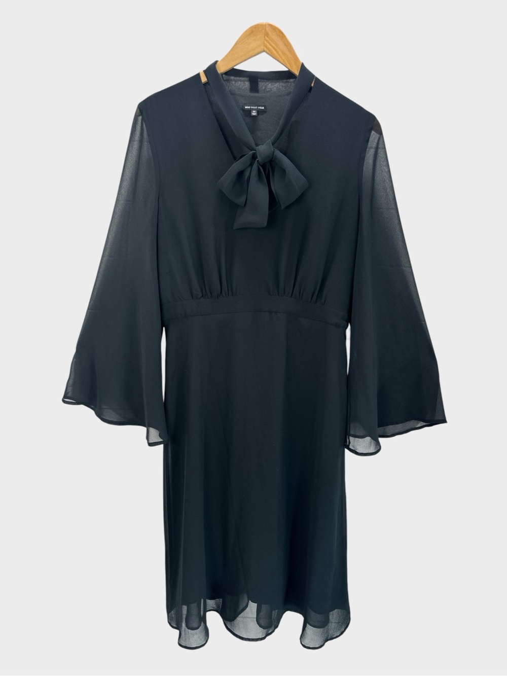 Who‎ What Wear Black Sheer Bell Sleeve Tie Neck Midi Dress Romantic Whimsigoth M